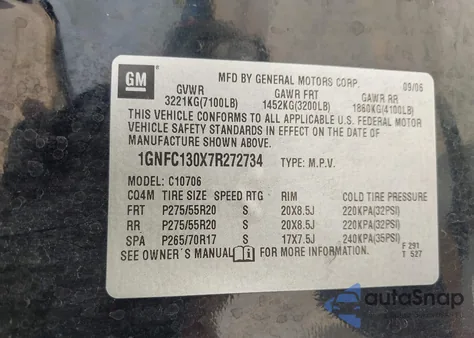 2007 Chevrolet Tahoe Lt z USA, uszkodzony, nr VIN 1GNFC130X7R272734